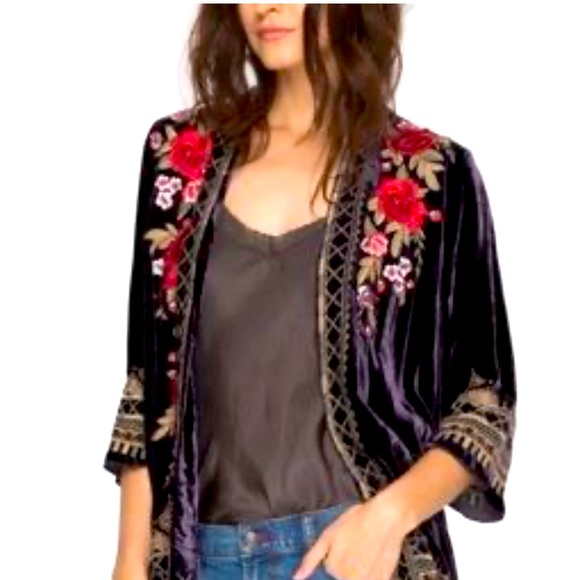 JOHNNY WAS JWLA Meri Floral Embroidered Velvet Draped Cardigan Purple NEW RARE! - Picture 3 of 12